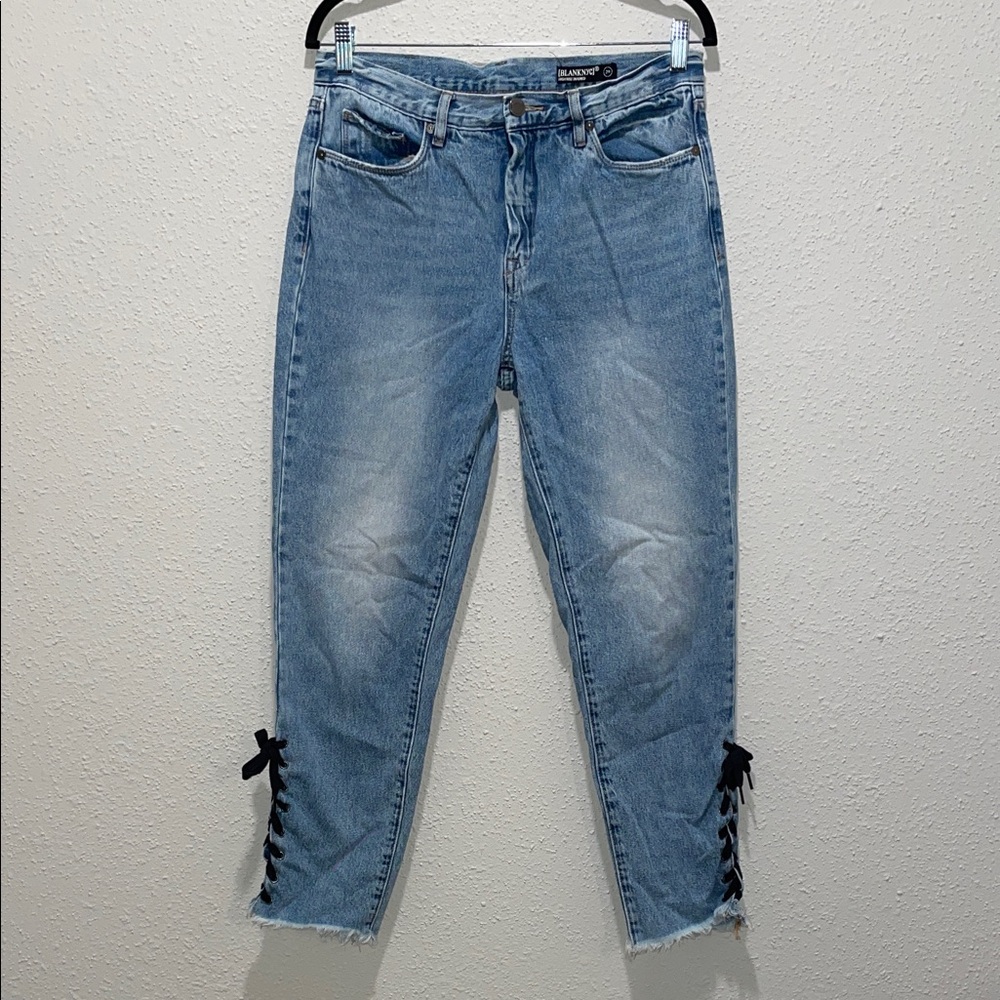Blank NYC Light Blue Cropped Jeans with Black Lace